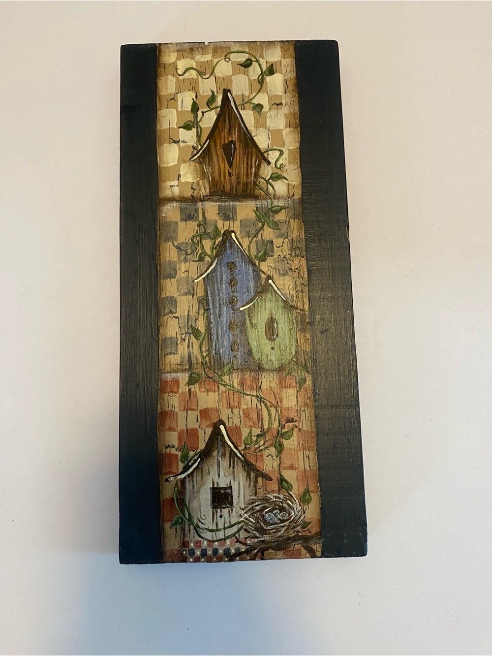 Rustic hand-painted wooden wall plaque Charming Birdhouses In Warm Colors